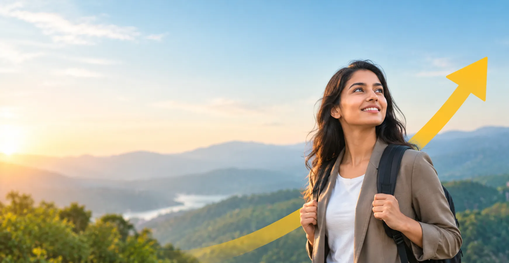 Smiling young woman entrepreneur with backpack against mountain sunrise with rising golden arrow